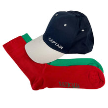 Load image into Gallery viewer, CAPTAIN BASEBALL CAP and PAIR of NAUTICAL cotton rich woven SOCKS