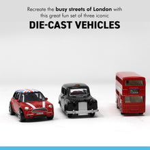 Load image into Gallery viewer, Three Piece Iconic London die cast toy car set includes Taxi, Red London double decker bus and BMW Mini / London souvenirs / Union Jack flag / Holiday gifts / British Gifts
