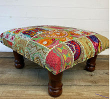 Load image into Gallery viewer, Classic patchwork brocade green Indian footstool