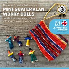 Load image into Gallery viewer, Set of 5 Mini-Guatemalan handmade Worry Dolls with a colourful crafted storage bag | Worry Dolls for Girls | Worry Dolls For Boys | Anxiety Dolls | Worry Doll | Guatamalan Doll
