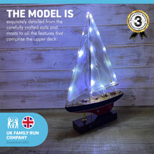 Load image into Gallery viewer, Illuminated detailed wooden assembled display model of a J Class style Yacht | LED lights along the mast and sails | ready for display | adjustable rigging blocks sewn cotton sails | length 25cm height 36cm
