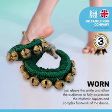 Load image into Gallery viewer, Pair of Classical Indian Ghungroos | Ankle bracelets | Green padded strap | Bhangra Kathak Dances | Anklets | Wedding Favours | Bollywood anklet | Ankle Foot Bracelet | Musical accessory