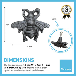 Pack of 2 CAST IRON CUTE FLYING BUG INSECT SHAPED DRAWER KNOBS for Kitchen cupboards | Cast Iron Antique style finish | Vintage charm meets modern functionality | 4.5cm wide x 2cm depth | Draw cabinet pull knob.