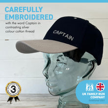 Load image into Gallery viewer, Set of 4 Adjustable CAPTAIN NAVY BLUE BASEBALL CAPS | yachting cap | sailors cap | 100% cotton twill material | low profile front contrast peak | six panel hat | Ideal for the person who thinks they are in charge