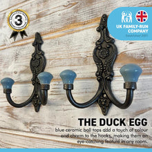 Load image into Gallery viewer, Set of 2 CAST IRON FRENCH STYLE DOUBLE ORNATE HOOKS | Duck Egg Blue Ceramic Ball Tops | Cloakroom Hook | Decorative Double Hook, hat and coat hook | 15cm x 11cm. .