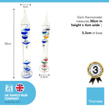 Load image into Gallery viewer, Set of Two 30cm Tall Free Standing Galileo Thermometers each with seven floating globes | measures temperatures from 16 degrees Centigrade to 28 degrees | also in Fahrenheit | Weather station