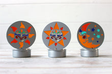 Load image into Gallery viewer, Set of 3 Silver Sun Moon Star Multi Colour Glass Candle Holder