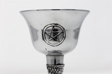 Load image into Gallery viewer, Silver coloured gothic goblet chalice with magic pentagram symbol perfect for use as a home altar piece / wiccan / wicca / meditation / gothic