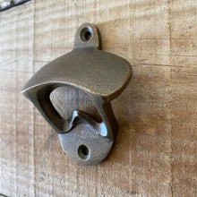 Load image into Gallery viewer, Cast Iron Retro Wall Mounted Bottle Opener - Antique Brass Finish
