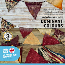 Load image into Gallery viewer, Recycled Sari Fabric RECYCLED SARI FABRIC BUNTING | Red colours | 5m long | Garland for Garden Wedding Birthday Indoor Outdoor Party Decoration Festival | Diwali bunting | Bohemian Bunting- Deep Reds 5m Long Festival Flags- Garland - Party Decoration