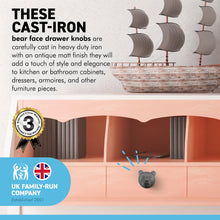 Load image into Gallery viewer, CAST IRON BEAR FACE DRAWER KNOB for Kitchen cupboards | Cast Iron Antique style finish | Vintage charm meets modern functionality | 3cm wide x 2cm depth