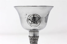 Load image into Gallery viewer, Silver coloured gothic goblet chalice with magic pentagram symbol perfect for use as a home altar piece / wiccan / wicca / meditation / gothic
