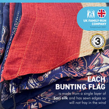Load image into Gallery viewer, RECYCLED SARI FABRIC BUNTING | Navy Blue colours | 5m long | Garland for Garden Wedding Birthday Indoor Outdoor Party Decoration Festival | Diwali bunting | Bohemian Bunting | Fair Trade