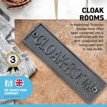 Load image into Gallery viewer, CAST IRON Antique Style CLOAK ROOM PLAQUE | toilet | loo | hotel |Guest House | Restaurant | Pub | Inn | Bed and Breakfast | Cloakroom| supplied with Two Screws for Easy fixing | Ideal for Home or Business