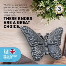 Load image into Gallery viewer, CAST IRON BUTTERFLY SHAPED DRAWER KNOB for Kitchen cupboards | Cast Iron Antique style finish | Vintage charm meets modern functionality | 5cm wide x 2cm depth | Draw cabinet pull knob.