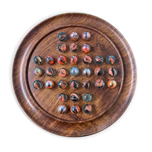 Load image into Gallery viewer, 22cm Diameter WOODEN SOLITAIRE BOARD GAME with TANGY ORANGE SWIRL GLASS MARBLES