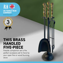 Load image into Gallery viewer, Large brass handled metal 5-piece fireside companion set | Fire companion sets | includes stand, brush, tongs, poker, and shovel | 63cm high
