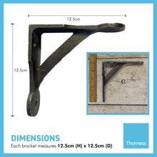 Load image into Gallery viewer, 2 x GALLOWS PENNY END SHELF BRACKET – 5 X 5 Inch Grey Cast Iron Heavy Duty Pair of Wall Brackets for Shelves | Grey Shelf Brackets | Vintage Wall Shelf brackets | Industrial Style Bracket