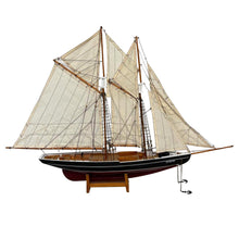 Load image into Gallery viewer, DETAILED WOODEN ASSEMBLED DISPLAY MODEL OF BLUENOSE CANADIAN FISHING RACING SCHOONER YACHT| Ready for display | adjustable rigging blocks sewn cotton sails | Length 80cm height 66cm