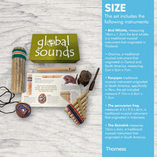 Load image into Gallery viewer, GLOBAL SOUNDS 5 PIECE MUSICAL INSTRUMENTS GIFT BOX | Includes, frog panpipes rainstick bird whistle | sample the musical delights and global sounds from Thailand, Indonesia and Peru