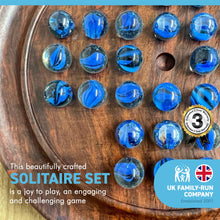 Load image into Gallery viewer, 22cm Diameter WOODEN SOLITAIRE BOARD GAME with BRILLIANT BLUE SWIRL GLASS MARBLES