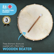 Load image into Gallery viewer, Large 50cm diameter Shamanic Sami hand drum with wooden beater | frame drum | medicine | Viking / Pagan Hand Drum | wooden frame | rope weaved handles at the rear | deep resonant tone