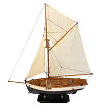 Load image into Gallery viewer, DETAILED WOODEN ASSEMBLED DISPLAY MODEL OPEN YACHT | Ready for display |Features adjustable rigging blocks sewn cotton sails raised gunwales and brass fittings | 62cm (H) x 44cm (L)