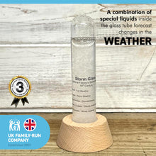 Load image into Gallery viewer, FITZROY STORM GLASS WEATHER PREDICTION DESK ORNAMENT | Weather forecaster | Weather station |barometer | science ornament | weather predicting storm glass with wooden stand | 14 cm x 6 cm x 6 cm