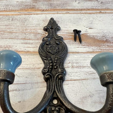 Load image into Gallery viewer, CAST IRON FRENCH STYLE DOUBLE ORNATE HOOKS | Duck Egg Blue Ceramic Ball Tops | Cloakroom Hook | Decorative Double Hook, hat and coat hook | 15cm x 11cm.
