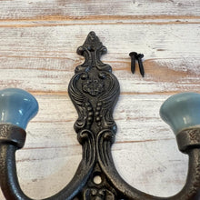 Load image into Gallery viewer, CAST IRON FRENCH STYLE DOUBLE ORNATE HOOKS | Duck Egg Blue Ceramic Ball Tops | Cloakroom Hook | Decorative Double Hook, hat and coat hook | 15cm x 11cm.
