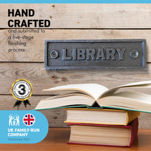 Load image into Gallery viewer, Cast Iron Antique Style LIBRARY PLAQUE SIGN | 15cm (L) x 4cm (H) | Ideal for bookshelves, walls, or doors