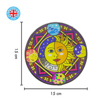 Load image into Gallery viewer, Glass sun catcher with sun and moon design with four seasons border | 150mm diameter with chain for hanging | colour catcher | window decoration | perfect for conservatory | living rooms | garden