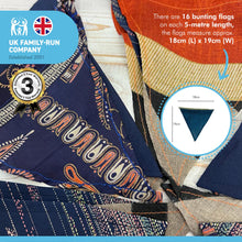 Load image into Gallery viewer, RECYCLED SARI FABRIC BUNTING | Navy Blue colours | 5m long | Garland for Garden Wedding Birthday Indoor Outdoor Party Decoration Festival | Diwali bunting | Bohemian Bunting | Fair Trade