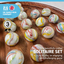 Load image into Gallery viewer, 30cm Diameter WOODEN SOLITAIRE BOARD GAME with GLASS Pan American WHITE MARBLES WITH MULTI COLOURED SWIRLS | classic wooden solitaire game | strategy board game | family board game | games for one