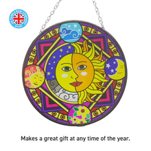 Load image into Gallery viewer, Glass sun catcher with sun and moon design with four seasons border | 150mm diameter with chain for hanging | colour catcher | window decoration | perfect for conservatory | living rooms | garden