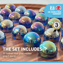 Load image into Gallery viewer, 30cm Diameter WOODEN SOLITAIRE BOARD GAME with LUSTERED BLUE GLASS MARBLES | classic wooden solitaire game | strategy board game | family board game | games for one | board games