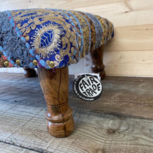 Load image into Gallery viewer, Classic Brocade, Diagonal Patchwork, Embroidered, Indian Footstool - Blue.