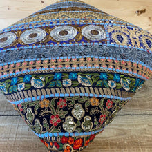 Load image into Gallery viewer, Classic Brocade, Diagonal Patchwork, Embroidered, Indian Footstool - Blue.