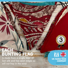 Load image into Gallery viewer, Recycled Sari Fabric RECYCLED SARI FABRIC BUNTING | Red colours | 5m long | Garland for Garden Wedding Birthday Indoor Outdoor Party Decoration Festival | Diwali bunting | Bohemian Bunting- Deep Reds 5m Long Festival Flags- Garland - Party Decoration