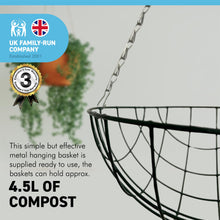 Load image into Gallery viewer, Metal 12 Inch diameter green Hanging Basket with 3 jute liners