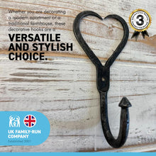 Load image into Gallery viewer, CAST IRON LOVE HEART HOOK | 12cm (H) x 6cm (W) | Decorative wall mounted entryway hall hook for hanging | Kitchen Bedroom Bathroom Coat Pegs Hooks