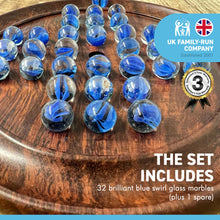 Load image into Gallery viewer, 22cm Diameter WOODEN SOLITAIRE BOARD GAME with BRILLIANT BLUE SWIRL GLASS MARBLES