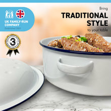 Load image into Gallery viewer, White 26cm diameter enamel roaster with navy blue edging | supplied with matching lid  | Tableware | casserole roasting oven dishes | Traditional classic style | baking bakeware
