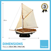 Load image into Gallery viewer, DETAILED WOODEN ASSEMBLED DISPLAY MODEL OPEN YACHT | Ready for display |Features adjustable rigging blocks sewn cotton sails raised gunwales and brass fittings | 62cm (H) x 44cm (L)