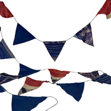 Load image into Gallery viewer, RECYCLED SARI FABRIC BUNTING | Navy Blue colours | 5m long | Garland for Garden Wedding Birthday Indoor Outdoor Party Decoration Festival | Diwali bunting | Bohemian Bunting | Fair Trade
