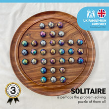Load image into Gallery viewer, 30cm Diameter WOODEN SOLITAIRE BOARD GAME with LUSTERED BLUE GLASS MARBLES | classic wooden solitaire game | strategy board game | family board game | games for one | board games
