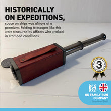 Load image into Gallery viewer, 15-inch square three draw folding telescope | Solid antiqued brass and leather bound | Telescope Nautical Vintage | Spy glass | Marine pirate | 25mm object lens with lens cap