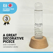 Load image into Gallery viewer, FITZROY STORM GLASS WEATHER PREDICTION DESK ORNAMENT | Weather forecaster | Weather station |barometer | science ornament | weather predicting storm glass with wooden stand | 14 cm x 6 cm x 6 cm
