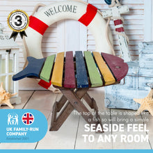 Load image into Gallery viewer, Small WOODEN FOLDING FISH shaped SIDE TABLE with distressed finish | Multi coloured | 40cm (L) x 30cm (W) x 32cm