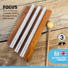 Load image into Gallery viewer, Indonesian three key Aura Chime on wooden base | 3 solid metal chimes | supplied with wooden beater | Sound Therapy | Space Clearing | Feng Shui | Zenergy Trio chime | Three bar aura chime | Energy Chime